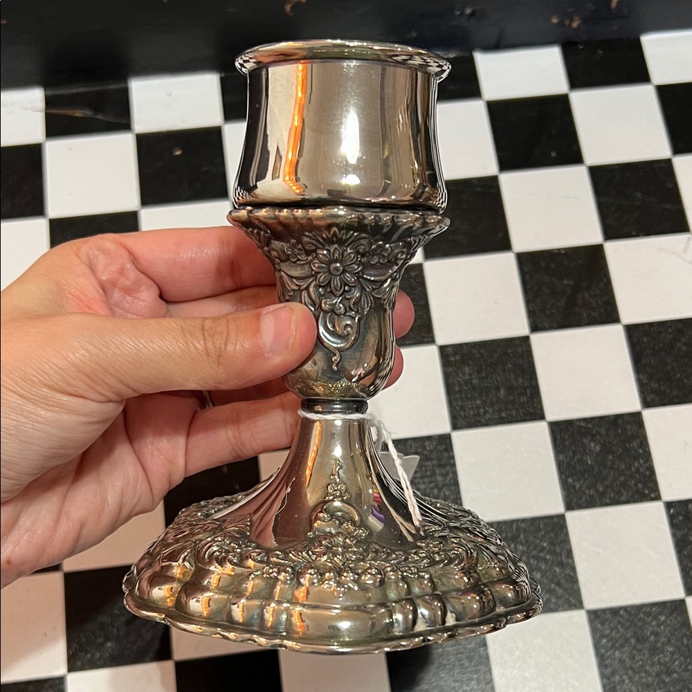 Elegant Pewter Candlestick Large Floral Regency Cottagecore Vintage